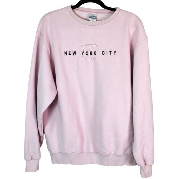 Vintage 90s Pink New York City NYC Pullover Sweatshirt Crew Neck Embroidered M - Picture 1 of 7